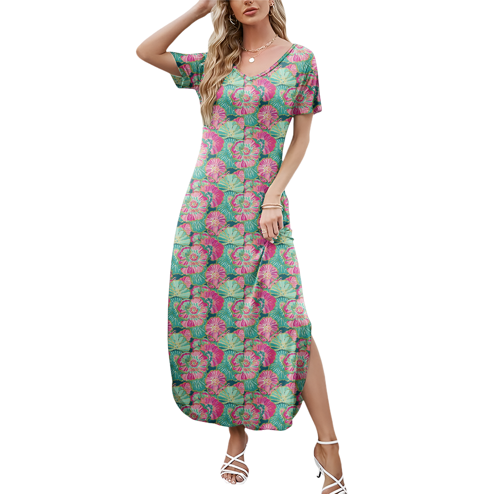 Preppy Summer V-neck Dresses With Side Slit