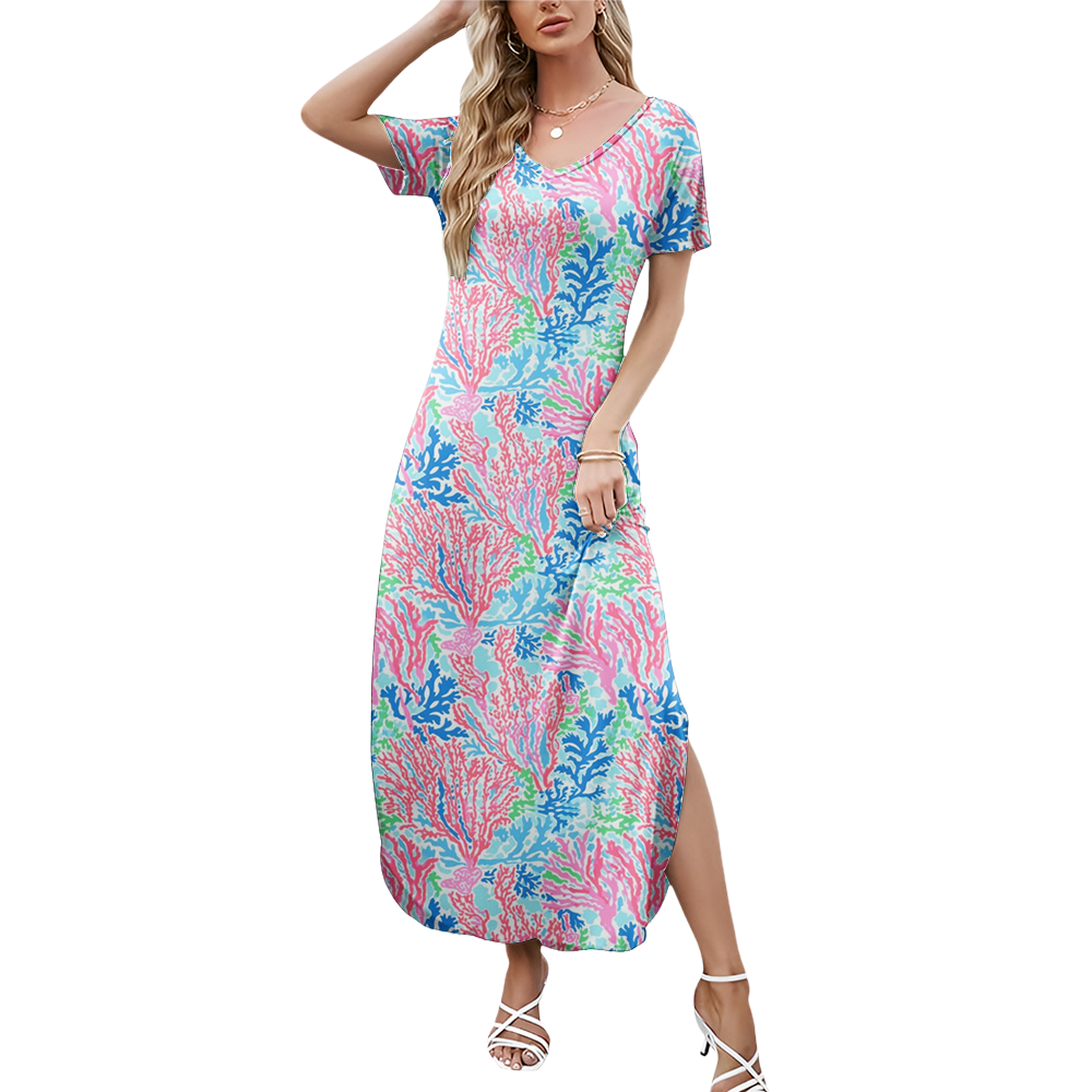 Preppy Summer V-neck Dresses With Side Slit