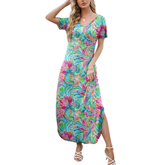 Preppy Summer V-neck Dresses With Side Slit