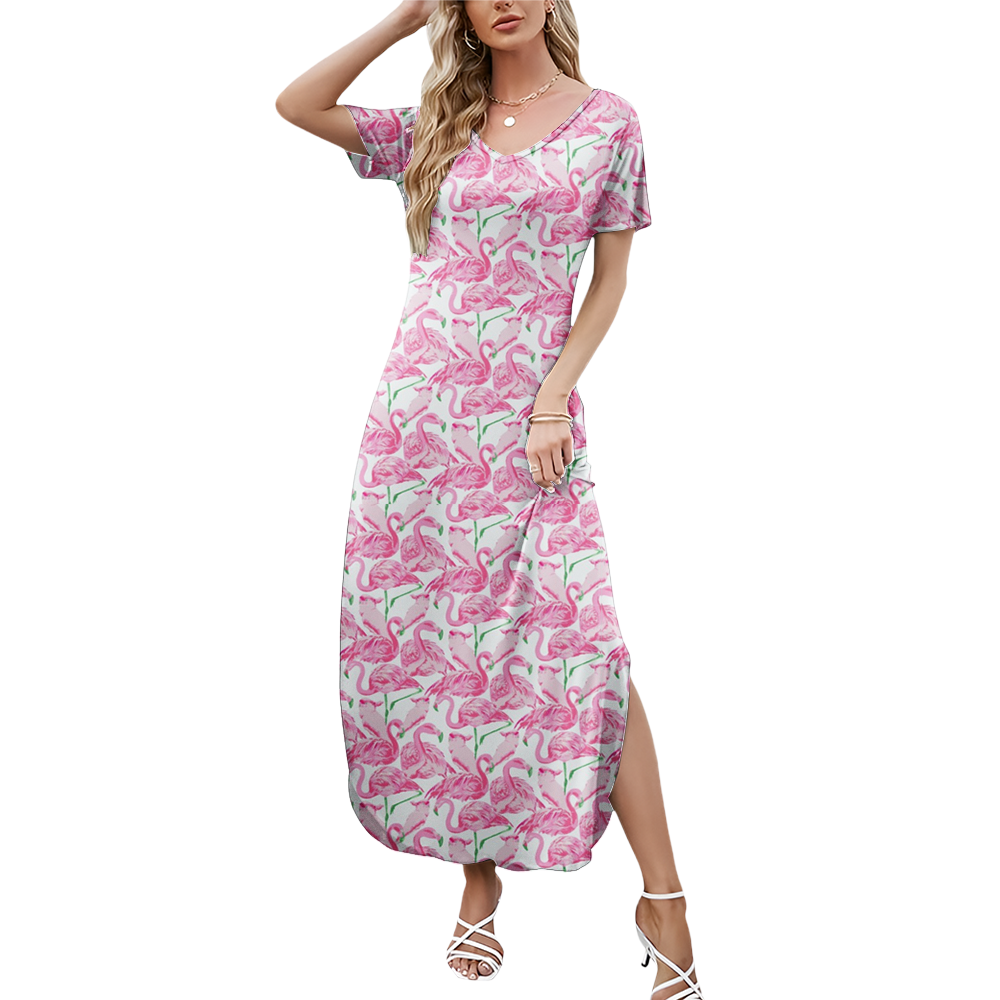 Preppy Summer V-neck Dresses With Side Slit
