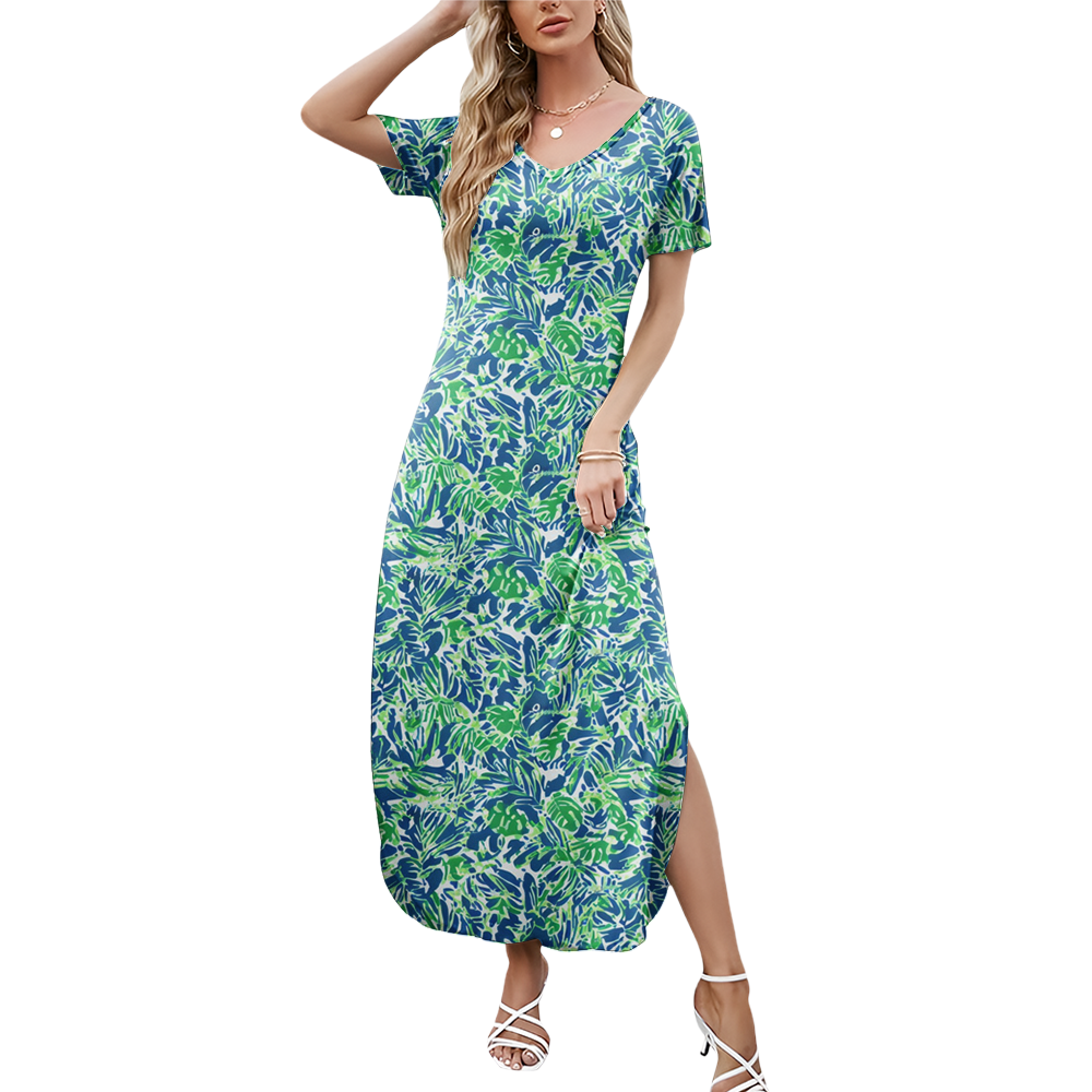 Preppy Summer V-neck Dresses With Side Slit