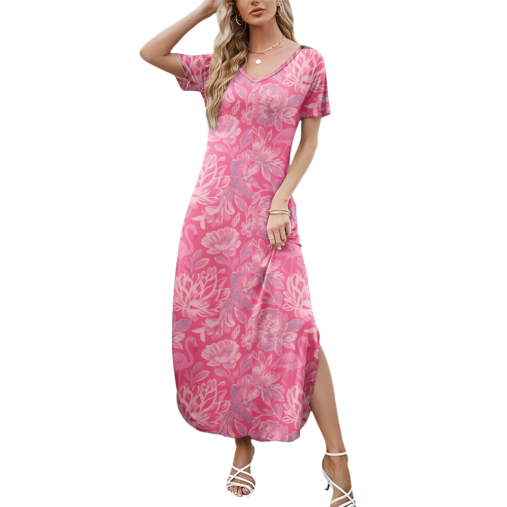 Preppy Summer V-neck Dresses With Side Slit
