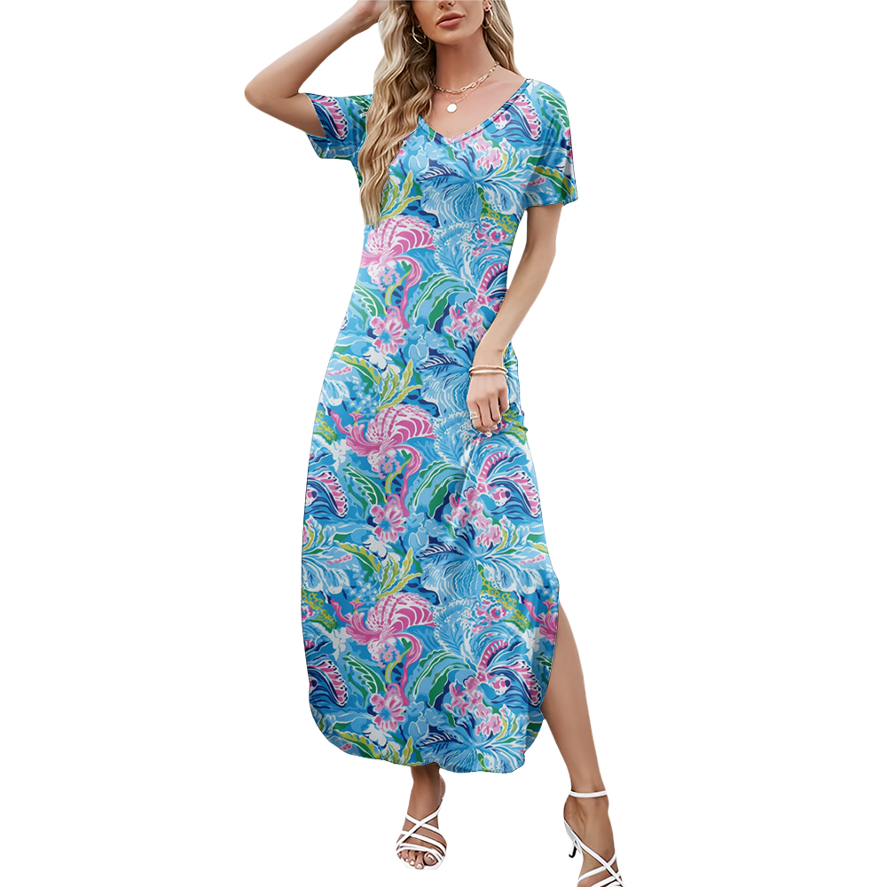 Preppy Summer V-neck Dresses With Side Slit