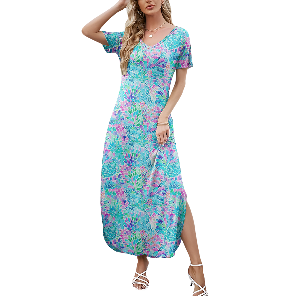 Preppy Summer V-neck Dresses With Side Slit